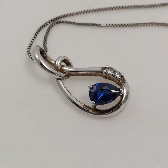 Blue Sapphire & Diamond Teardrop Knot Pendant Necklace Sterling 18" Chain 925 - Picture 5 of 10